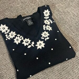 VTG Nortonstudio Petites Black White Polka Dot Floral Embroidery 3/4 Sleeve TopM